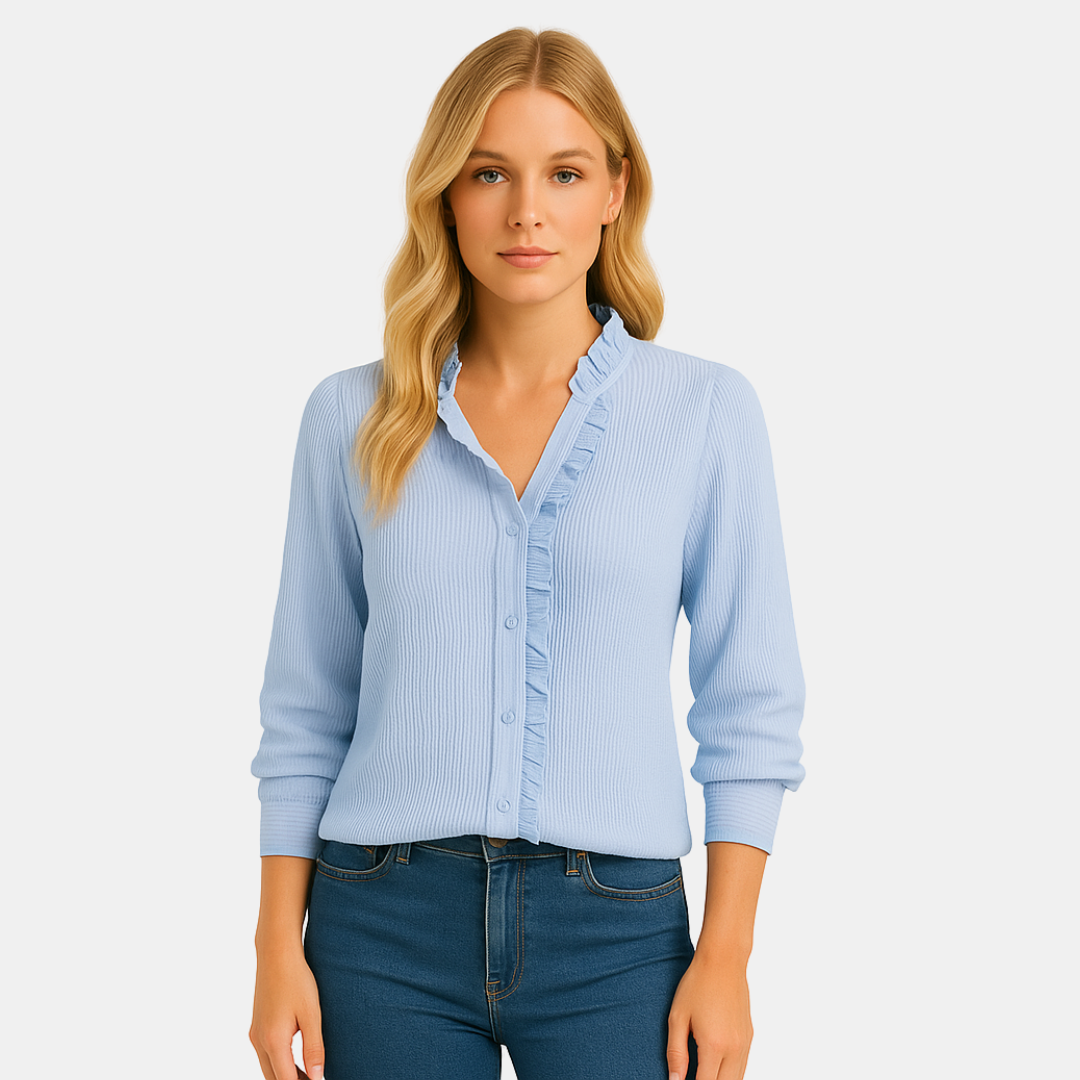 Elva Dames blouse met ruffle kraag en ribstructuur