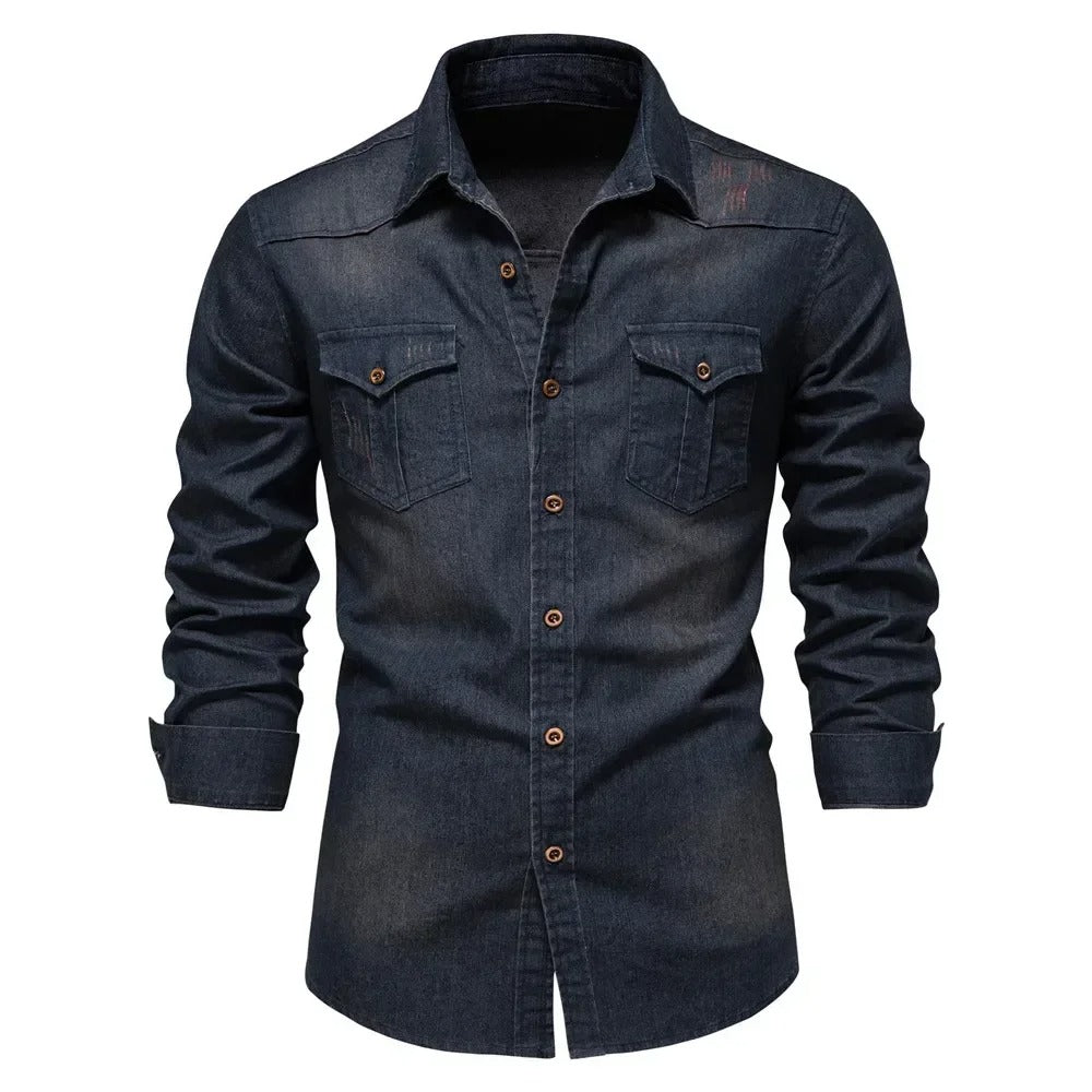 Heren Denim Look Overhemd Met Lange Mouwen