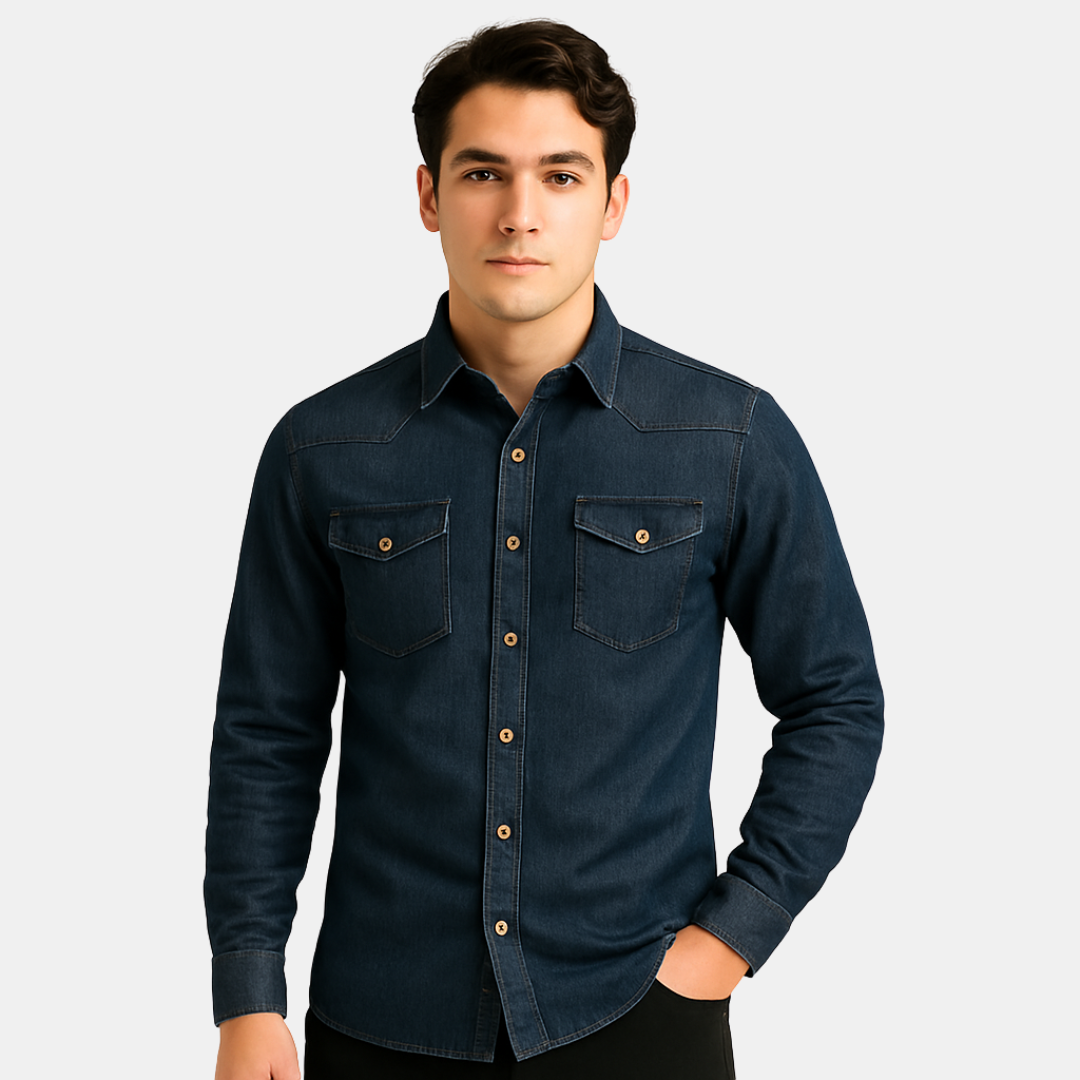 Heren Denim Look Overhemd Met Lange Mouwen