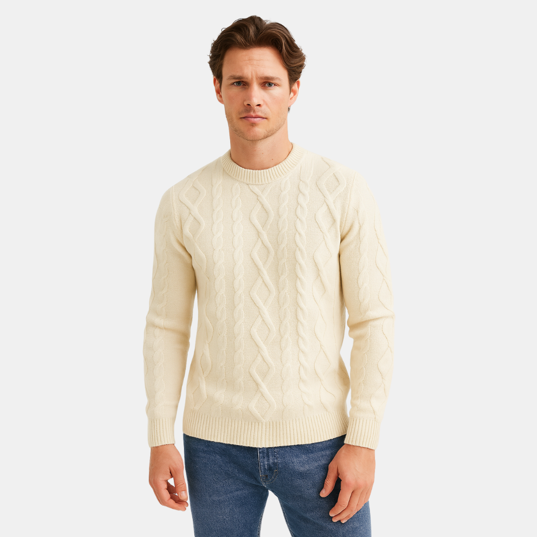 Heren Gebreide Woltrui Met Kabelpatroon En Ronde Hals