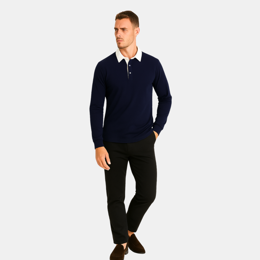 Heren Polo Sweater Met Lange Mouwen En Contrastkraag