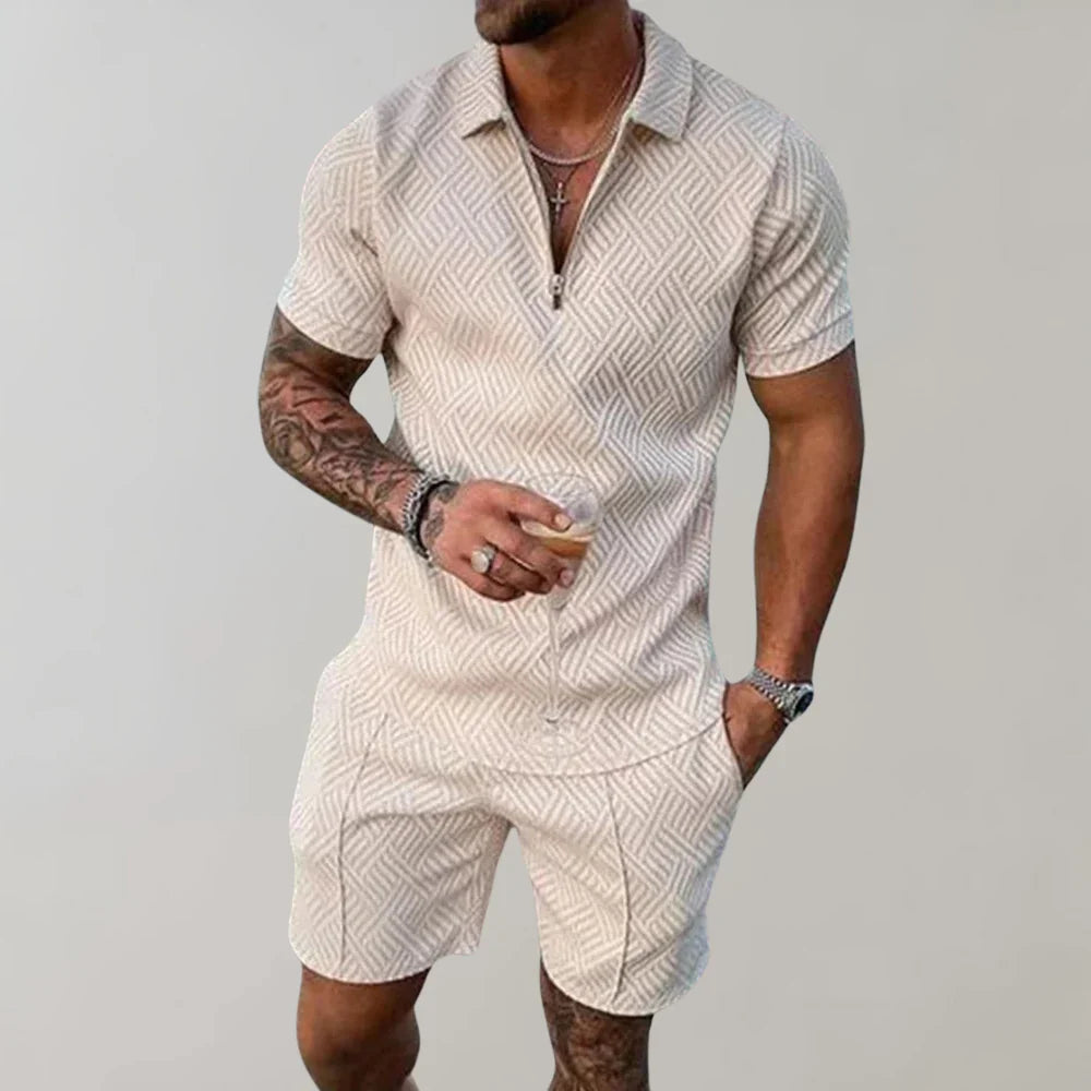 Jim Heren twee-delige set met polo en shorts in uniek patroon
