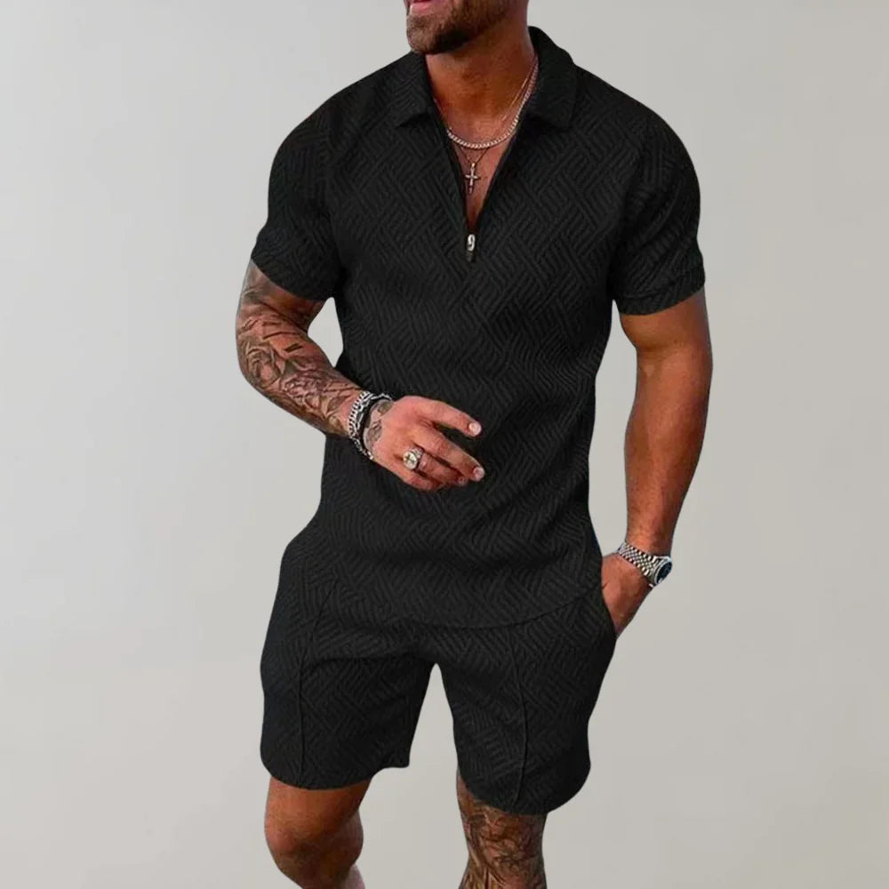 Jim Heren twee-delige set met polo en shorts in uniek patroon