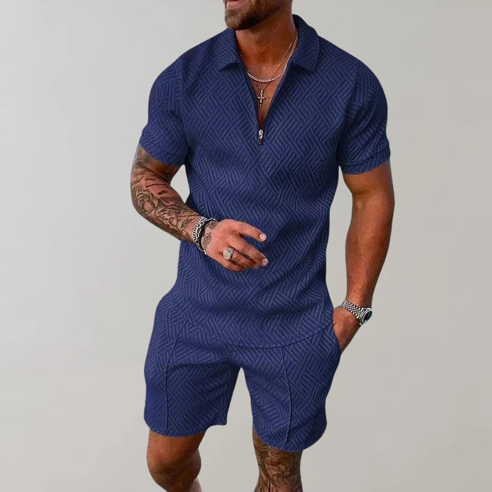 Jim Heren twee-delige set met polo en shorts in uniek patroon