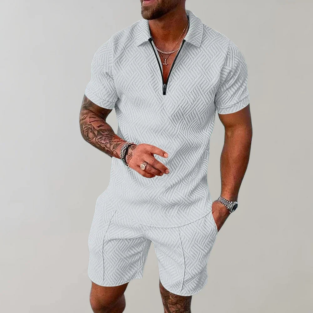Jim Heren twee-delige set met polo en shorts in uniek patroon