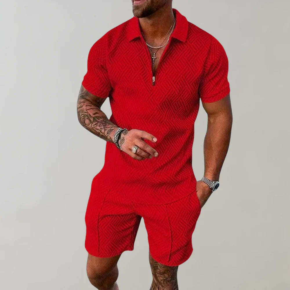 Jim Heren twee-delige set met polo en shorts in uniek patroon