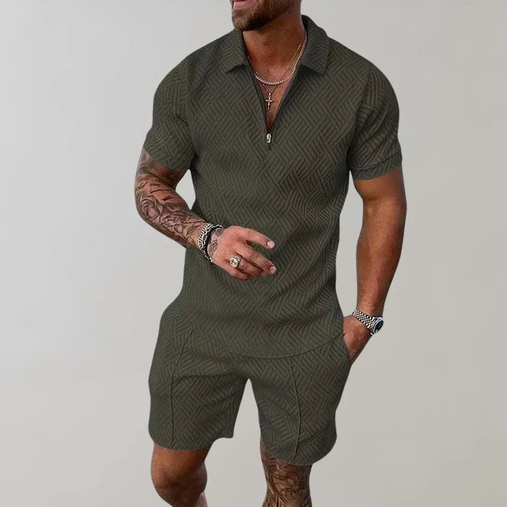 Jim Heren twee-delige set met polo en shorts in uniek patroon