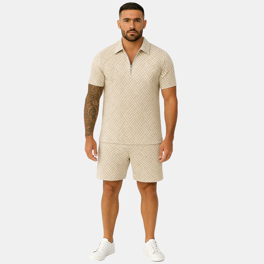Jim Heren twee-delige set met polo en shorts in uniek patroon
