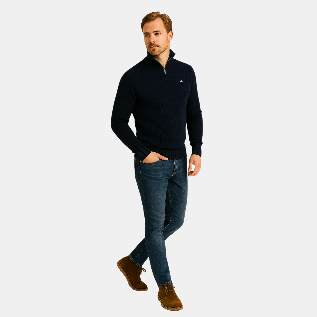 Katoenen Heren Trui Met Halve Rits En Ribstructuur