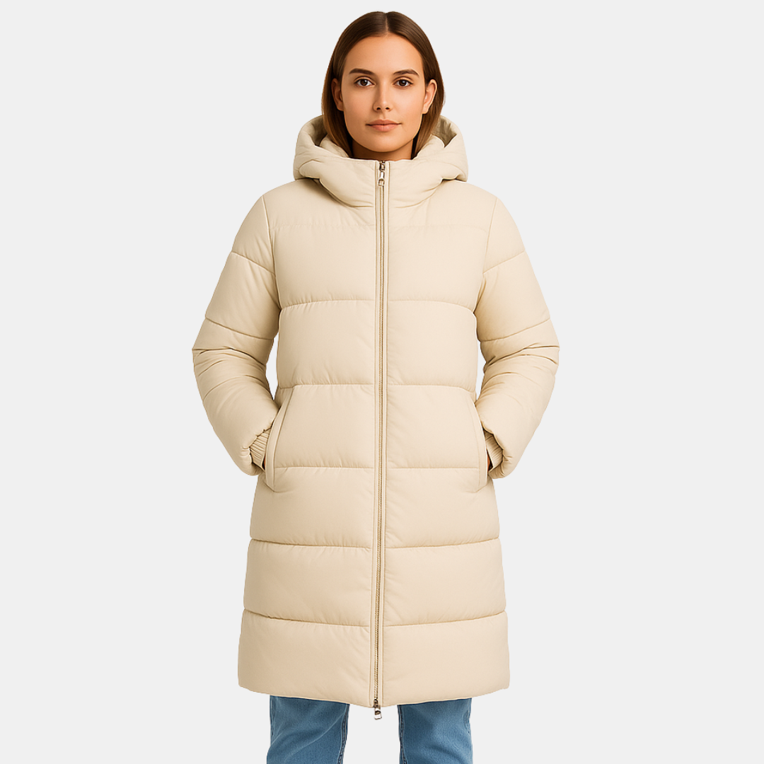Lange Dames Puffer Jas Met Capuchon En Ritssluiting