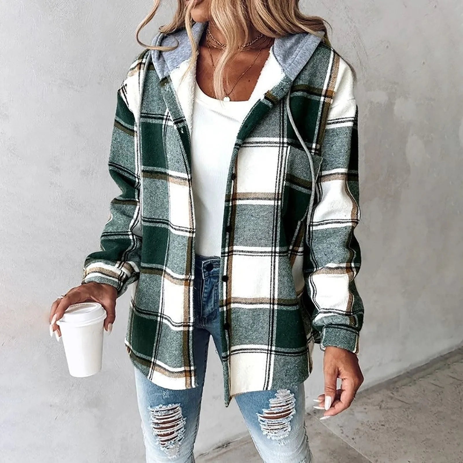 Lara Dames geruite overshirt jas met capuchon