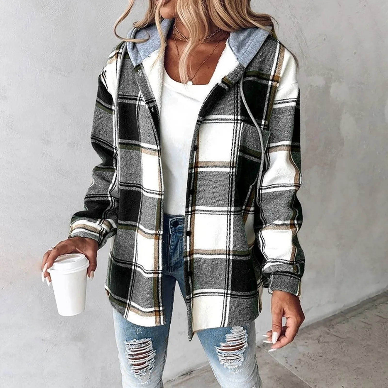Lara Dames geruite overshirt jas met capuchon