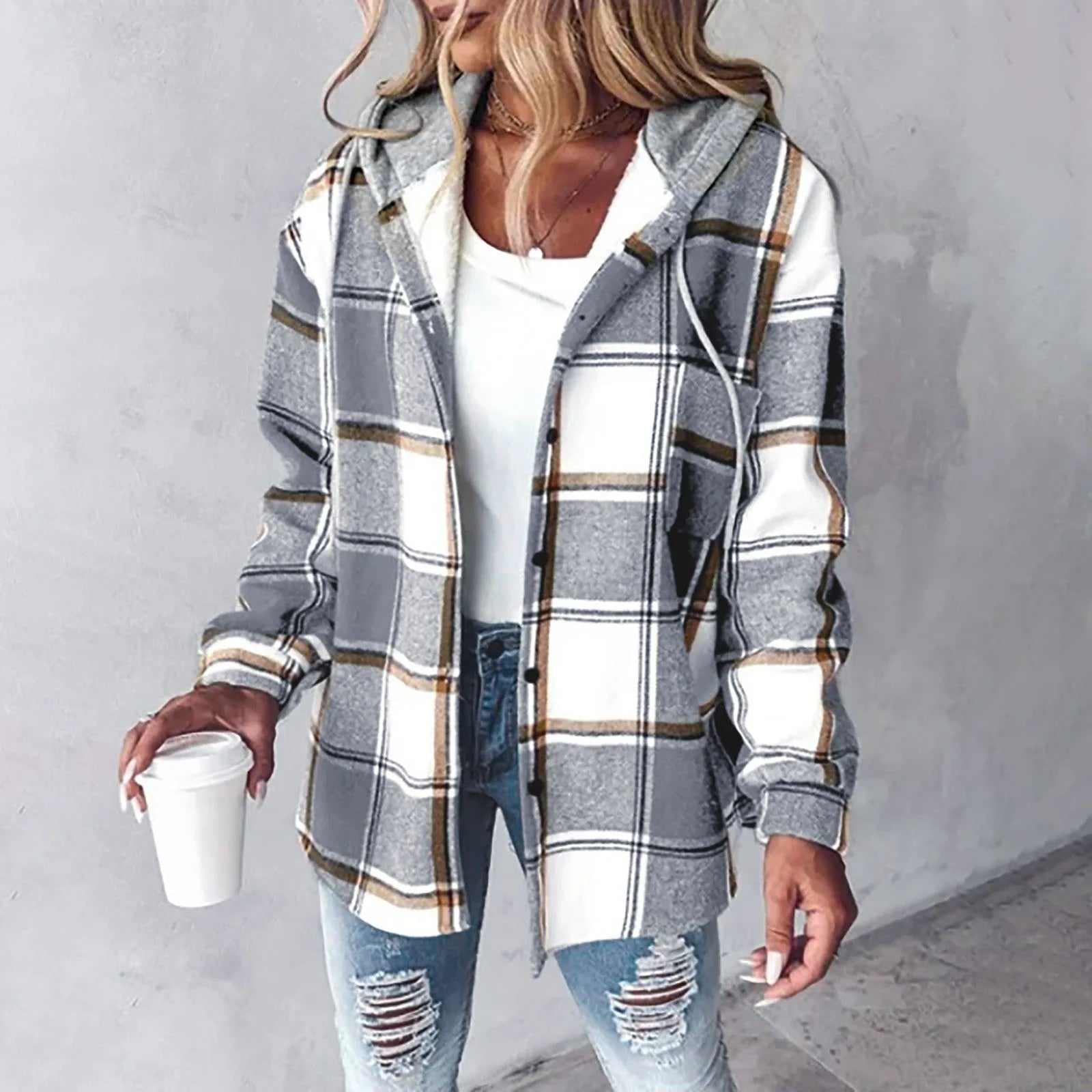 Lara Dames geruite overshirt jas met capuchon