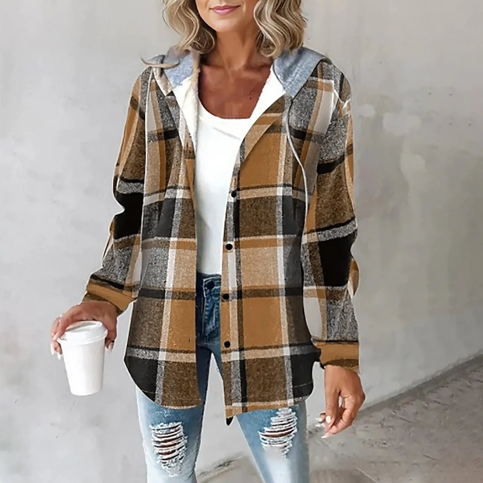 Lara Dames geruite overshirt jas met capuchon
