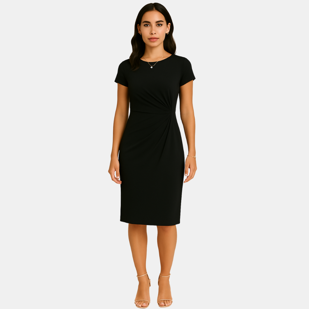 Lenora Dames midi jurk met korte mouwen en plooidetail