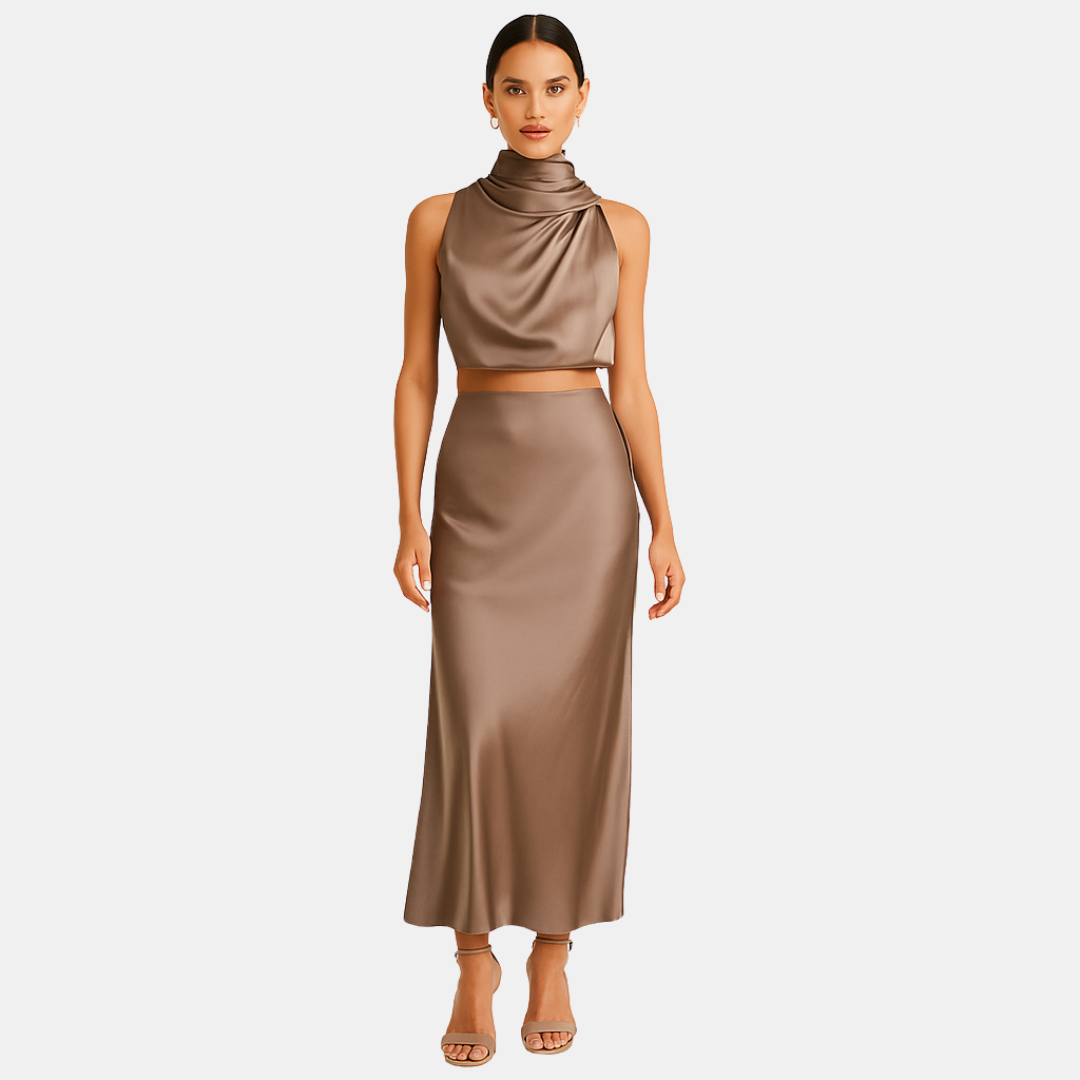 Mabel Elegante dames set met hoge hals en maxi-rok