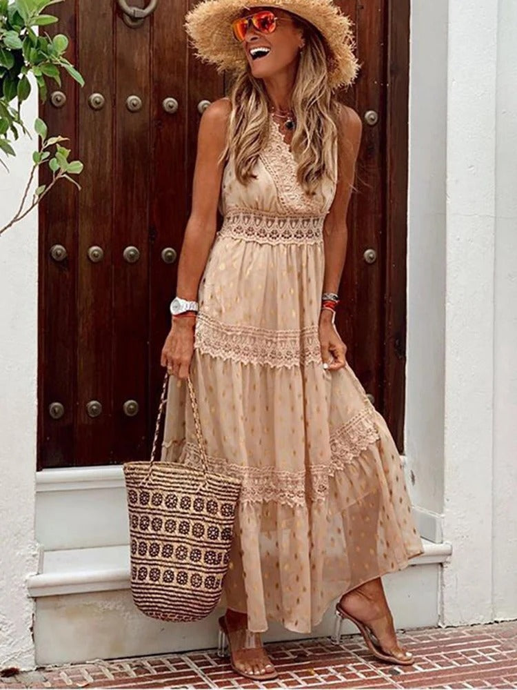 Marly Dames maxi jurk met kantdetails en V-hals