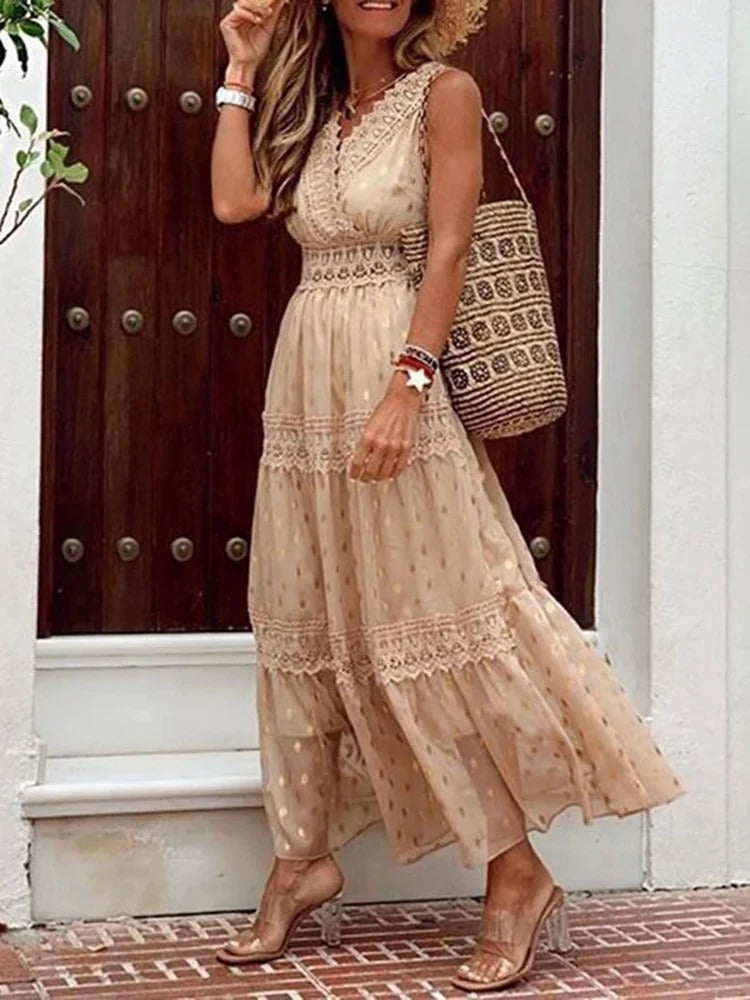 Marly Dames maxi jurk met kantdetails en V-hals