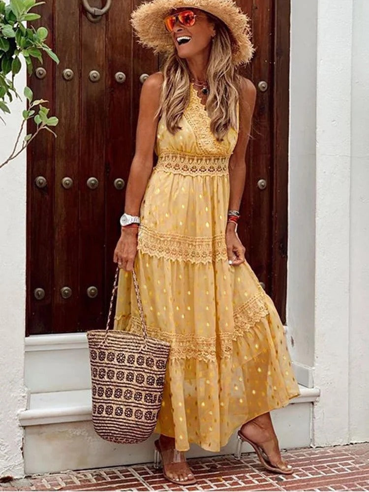 Marly Dames maxi jurk met kantdetails en V-hals