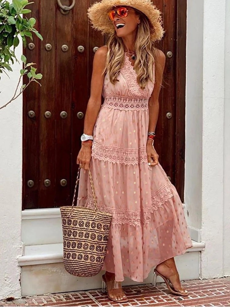 Marly Dames maxi jurk met kantdetails en V-hals