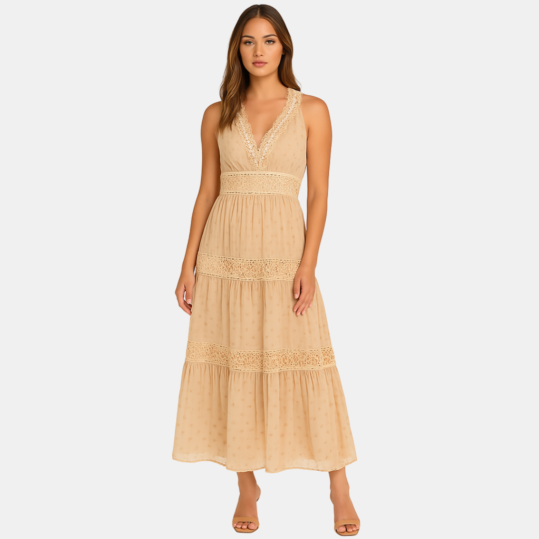 Marly Dames maxi jurk met kantdetails en V-hals