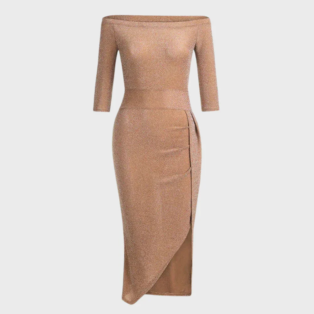 Miley Dames off-shoulder midi jurk met split en plooidetail