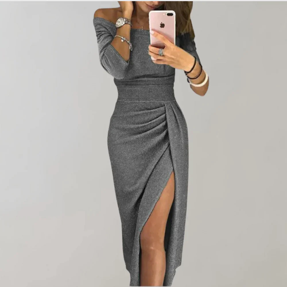 Miley Dames off-shoulder midi jurk met split en plooidetail