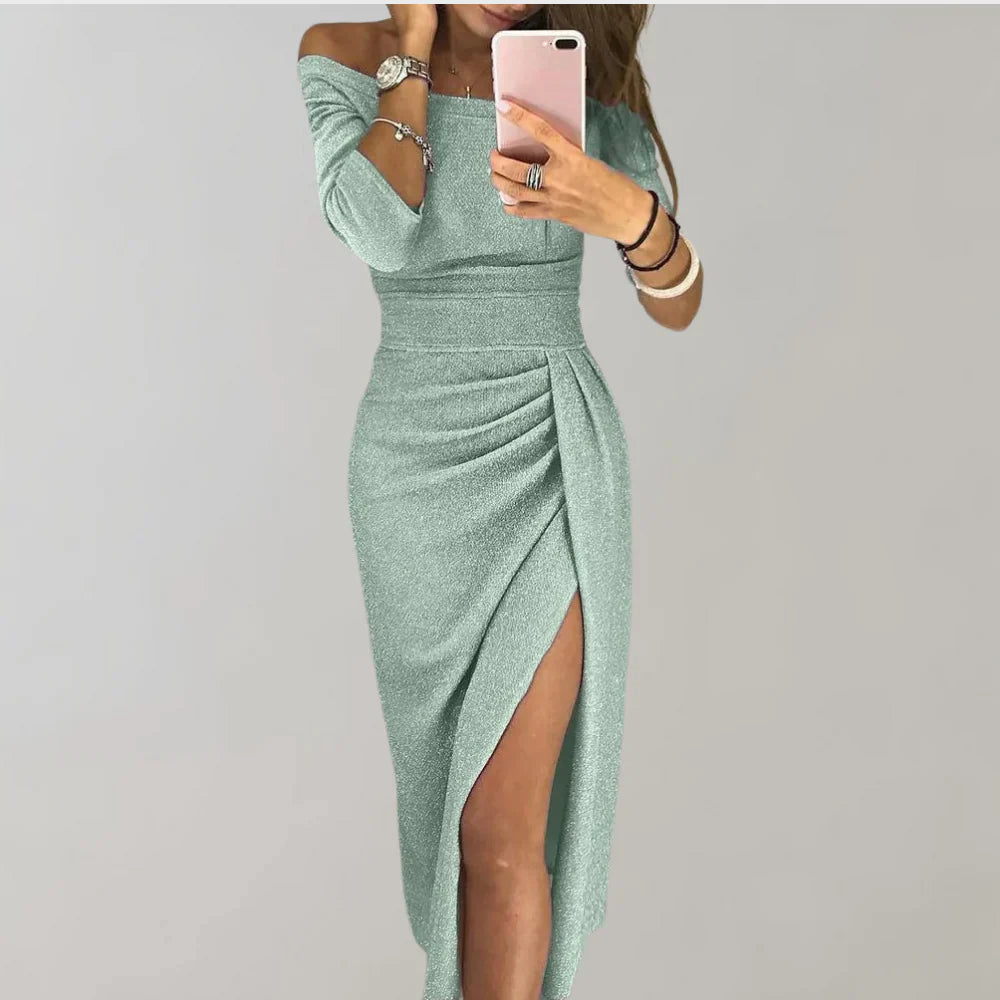 Miley Dames off-shoulder midi jurk met split en plooidetail