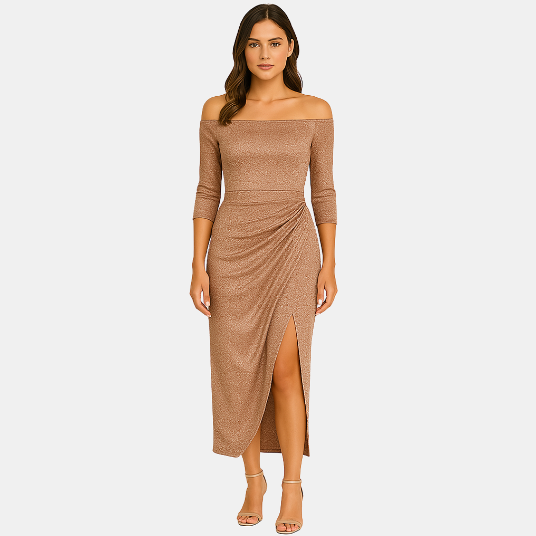 Miley Dames off-shoulder midi jurk met split en plooidetail