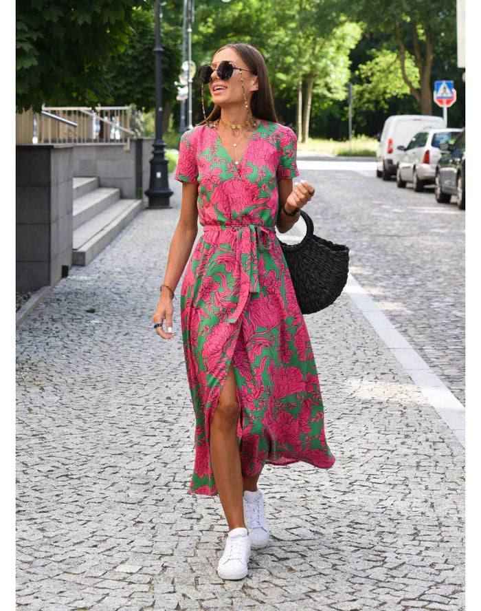 Milou Dames midi jurk met V-hals en opvallende print