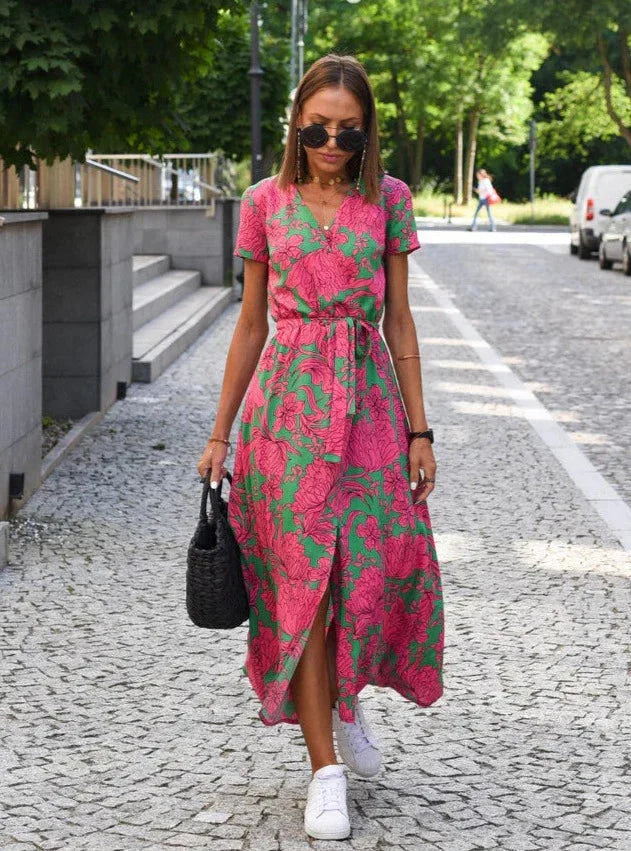 Milou Dames midi jurk met V-hals en opvallende print