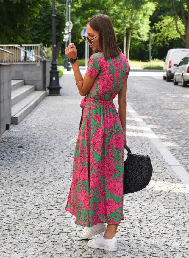 Milou Dames midi jurk met V-hals en opvallende print