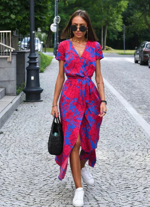 Milou Dames midi jurk met V-hals en opvallende print