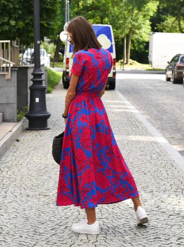 Milou Dames midi jurk met V-hals en opvallende print