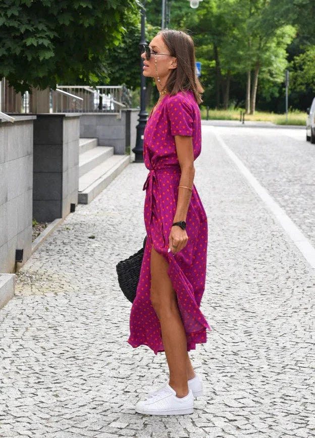 Milou Dames midi jurk met V-hals en opvallende print