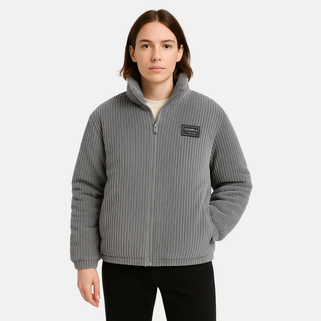 Moderne Corduroy Jas Met Ritssluiting En Hoge Kraag