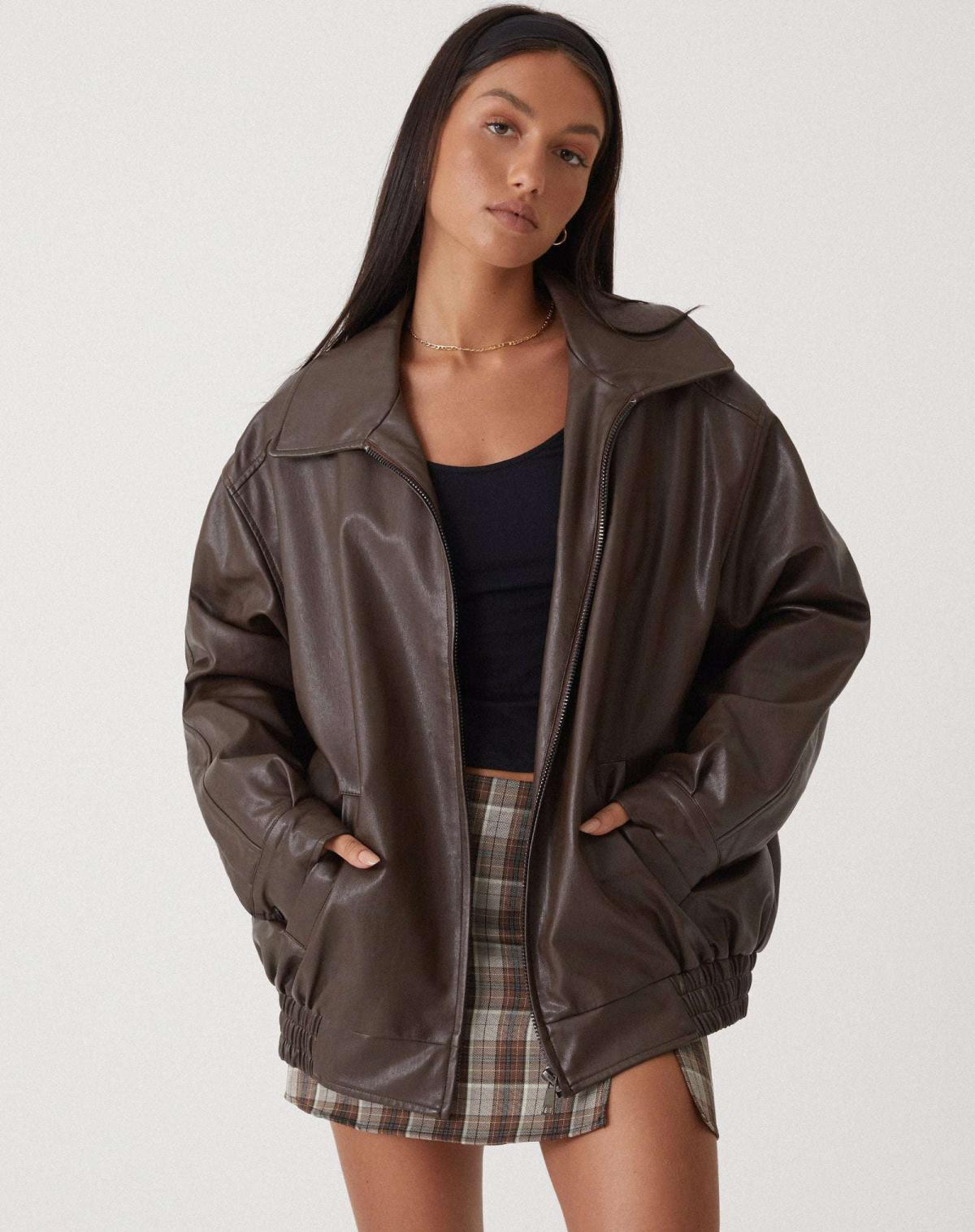 Oversized Dames Jas Met Leren Look En Ritssluiting