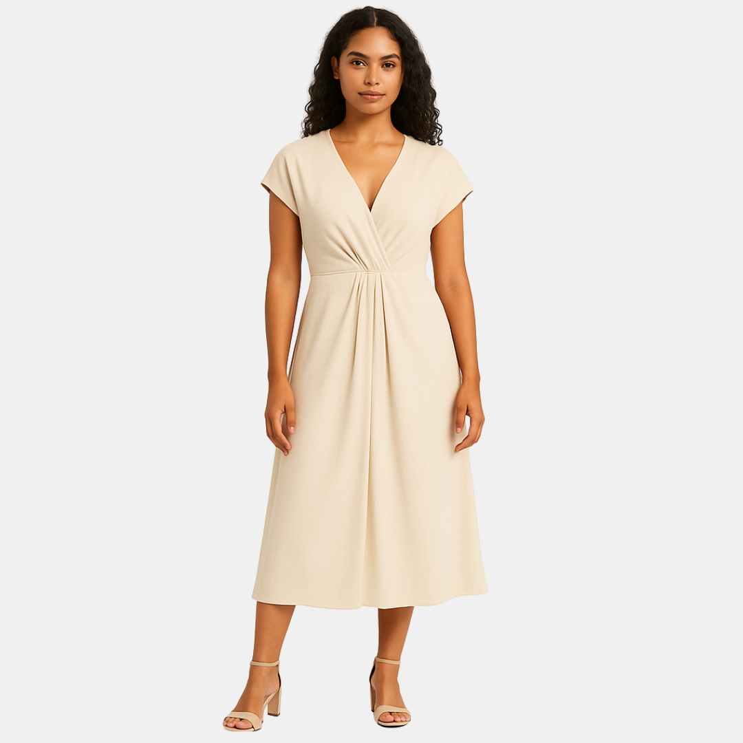 Saphira Dames midi jurk met V-hals en geplooide taille