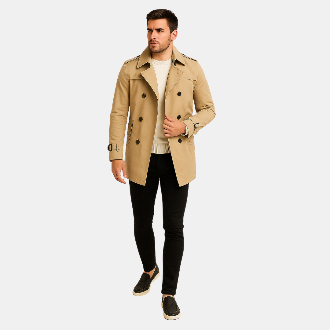 Heren Trenchcoat Met Dubbele Rij Knopen En Klassieke Kraag