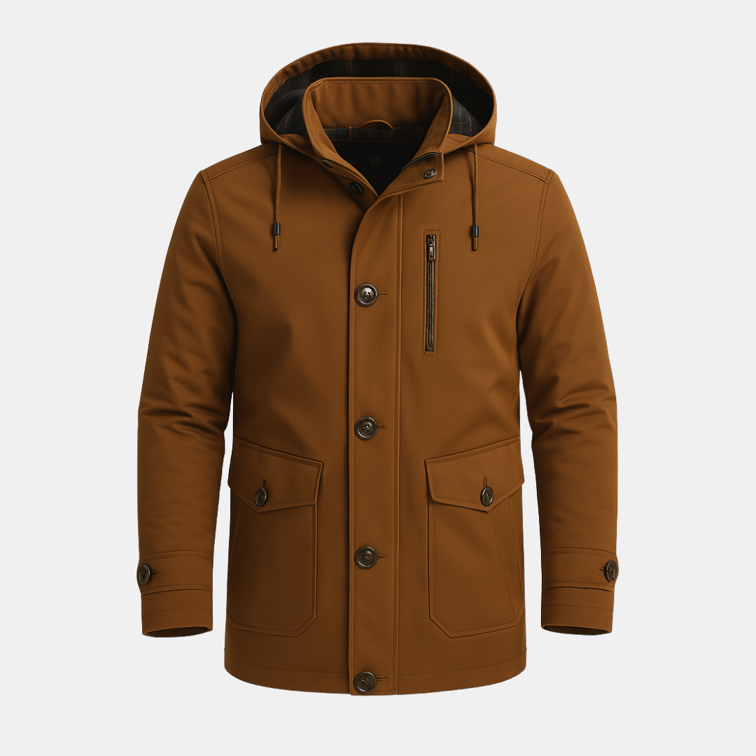 Warme Heren Winterjas Met Capuchon En Rits- En Knopensluiting