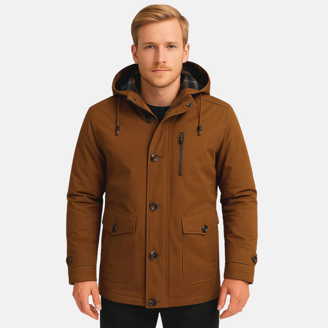 Warme Heren Winterjas Met Capuchon En Rits- En Knopensluiting